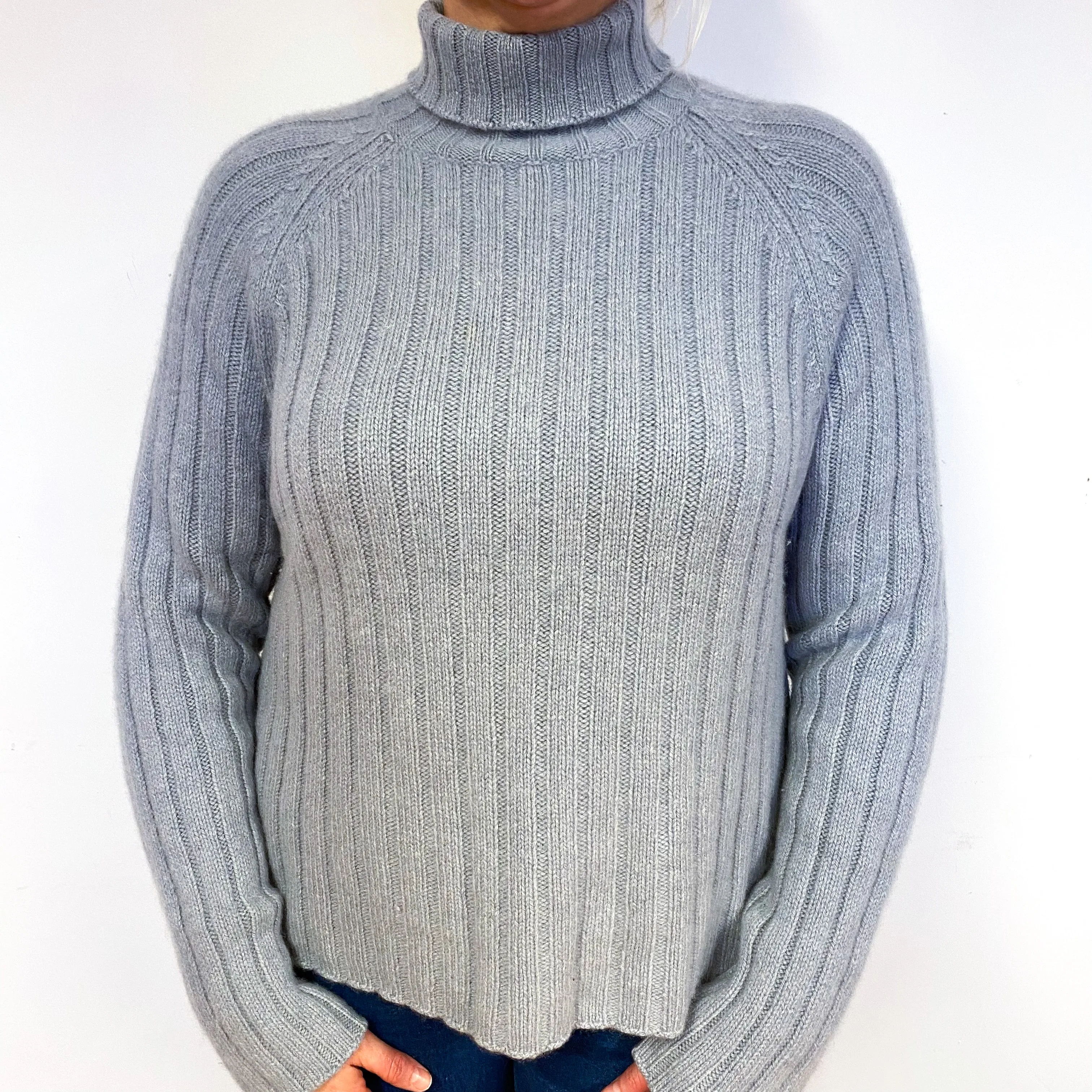 Chunky Soft Grey Ribbed Cashmere Polo Neck Jumper Large