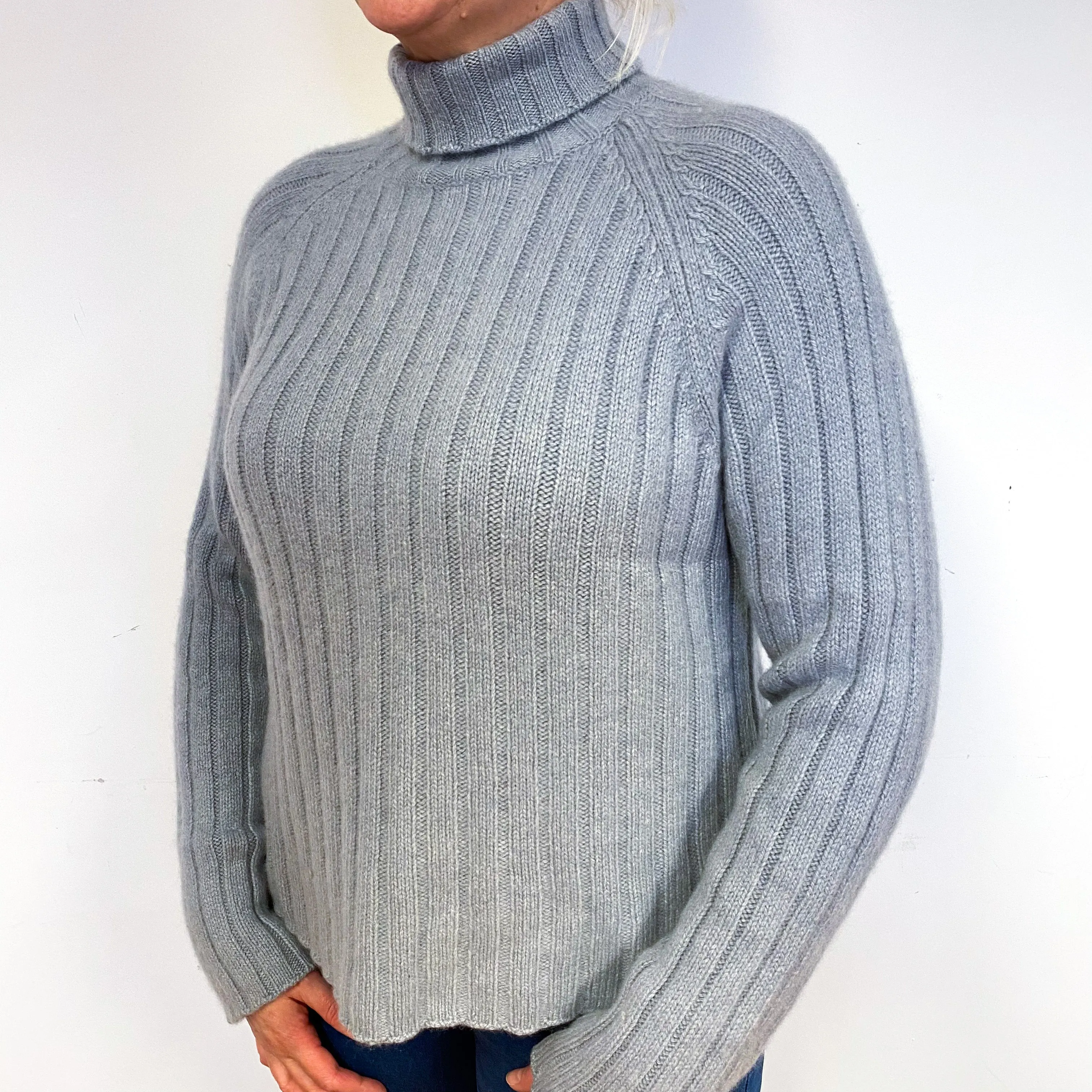 Chunky Soft Grey Ribbed Cashmere Polo Neck Jumper Large