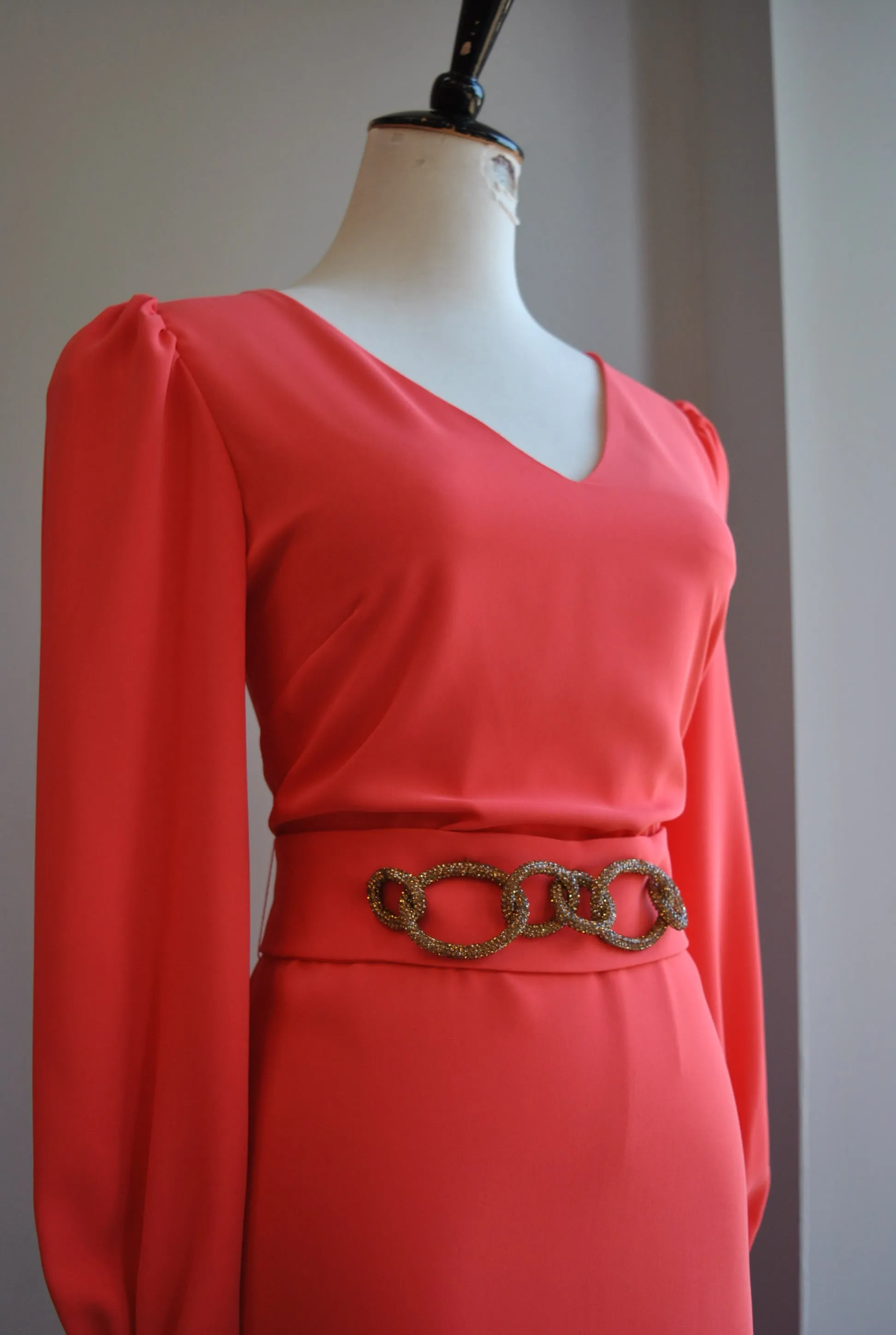 COARL COLOR LONG EVENING DRESS WITH CRYSTAL BELT