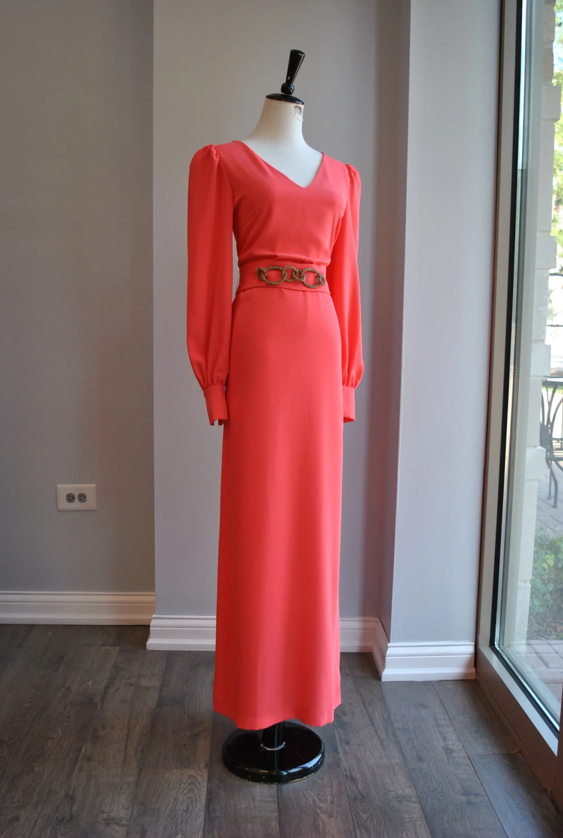 COARL COLOR LONG EVENING DRESS WITH CRYSTAL BELT