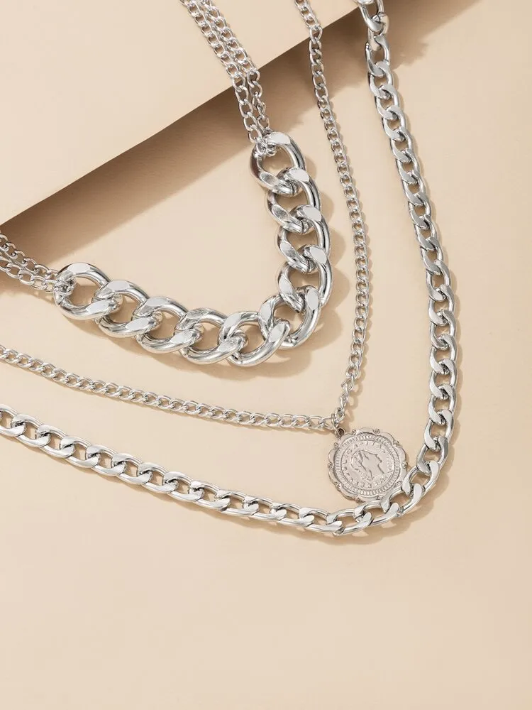 Coin Charm Layered Necklace Silver