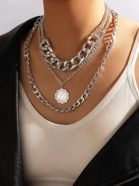 Coin Charm Layered Necklace Silver