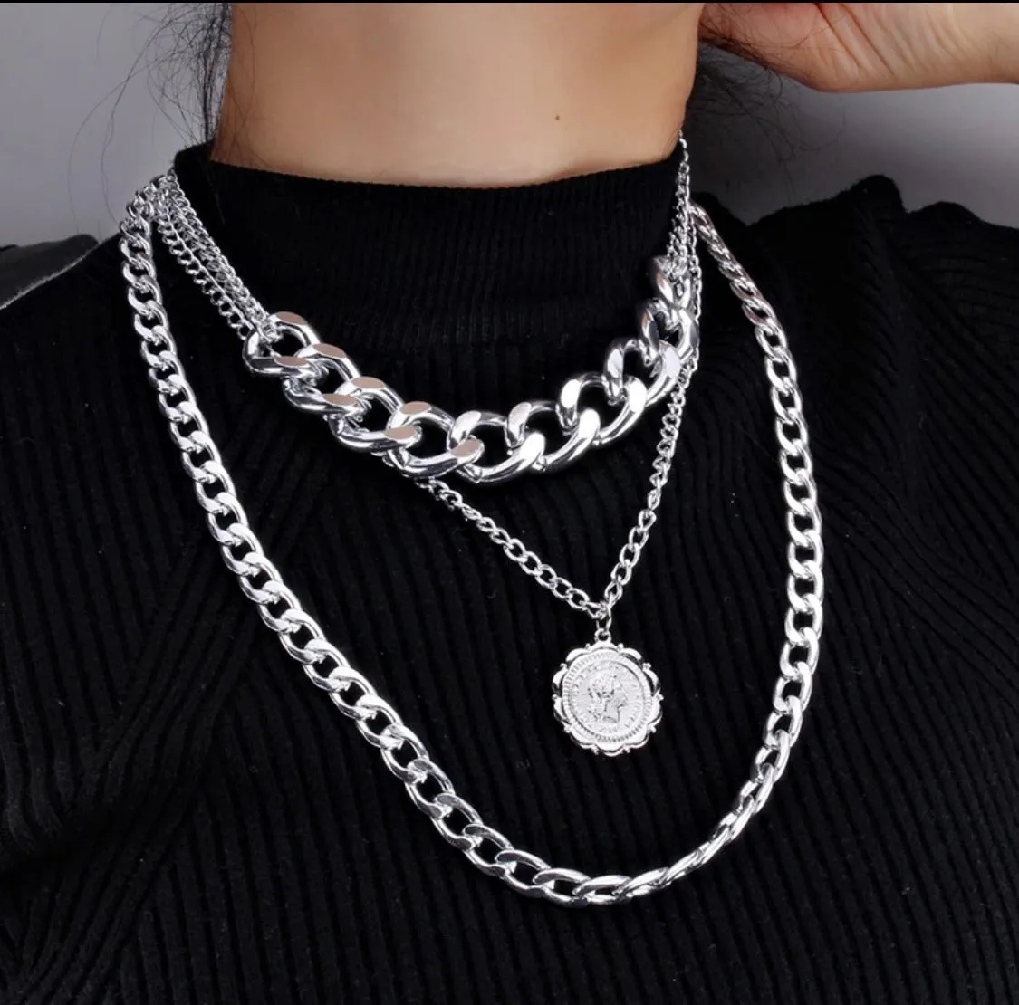 Coin Charm Layered Necklace Silver