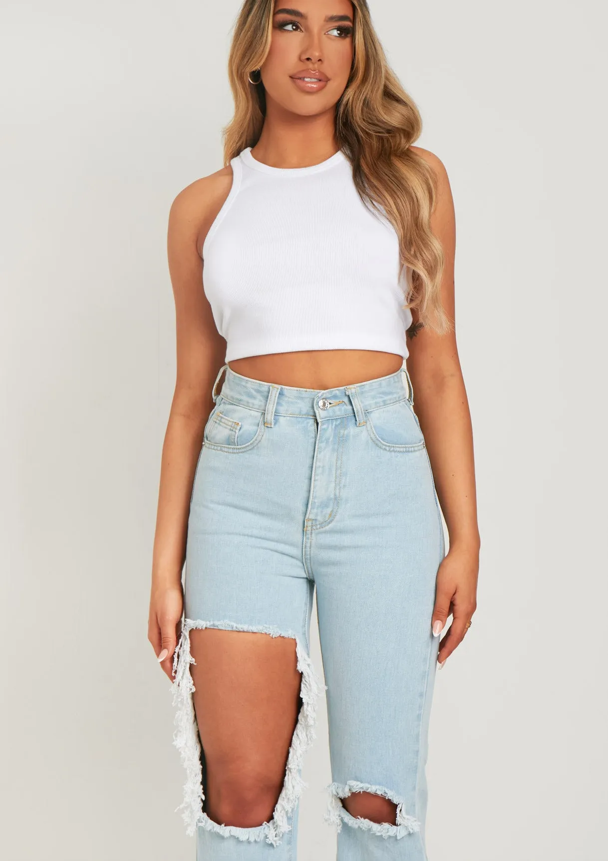Cyntoia Blue High Waisted Cut Out Ripped Denim Jeans