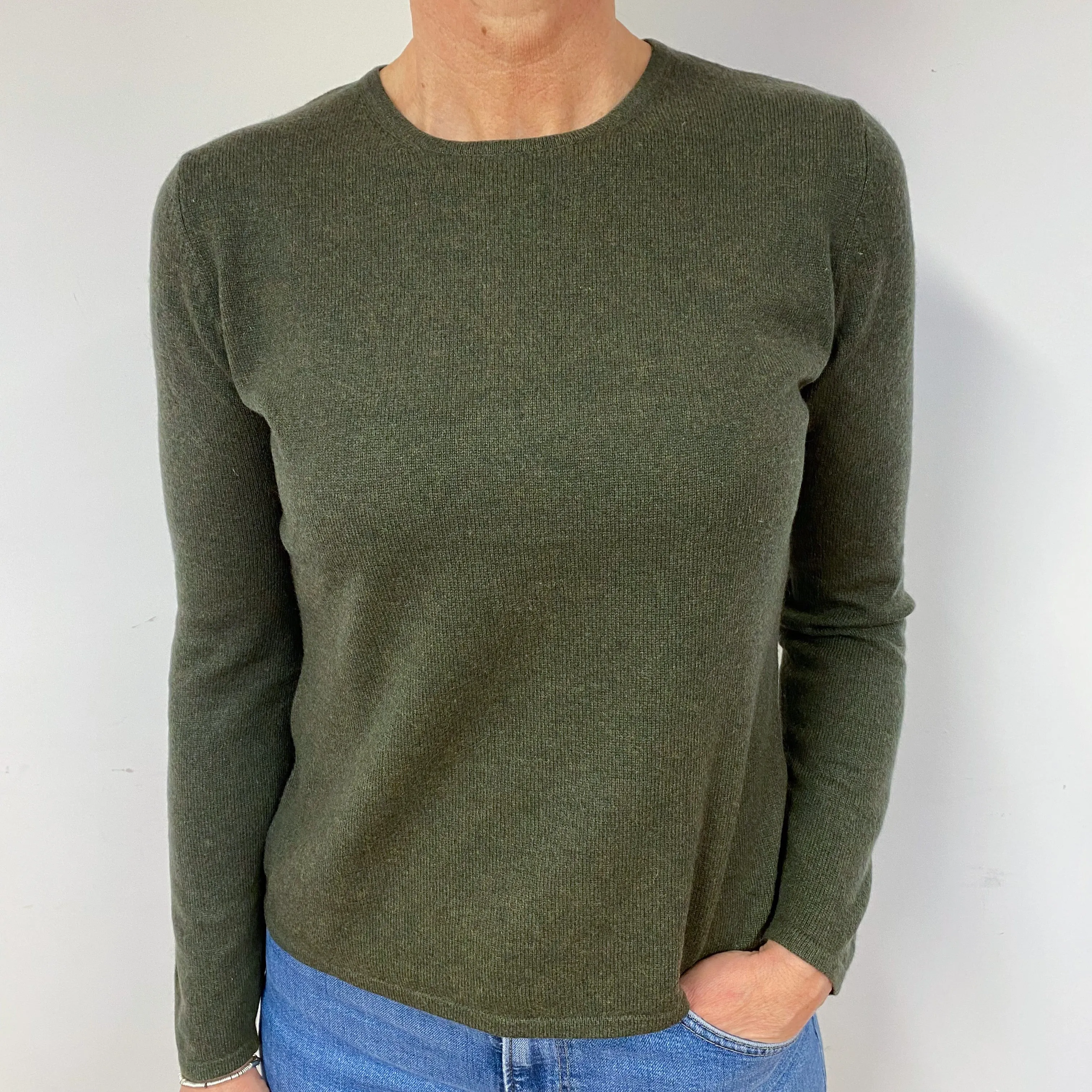 Deep Khaki Green Cashmere Crew Neck Jumper Medium