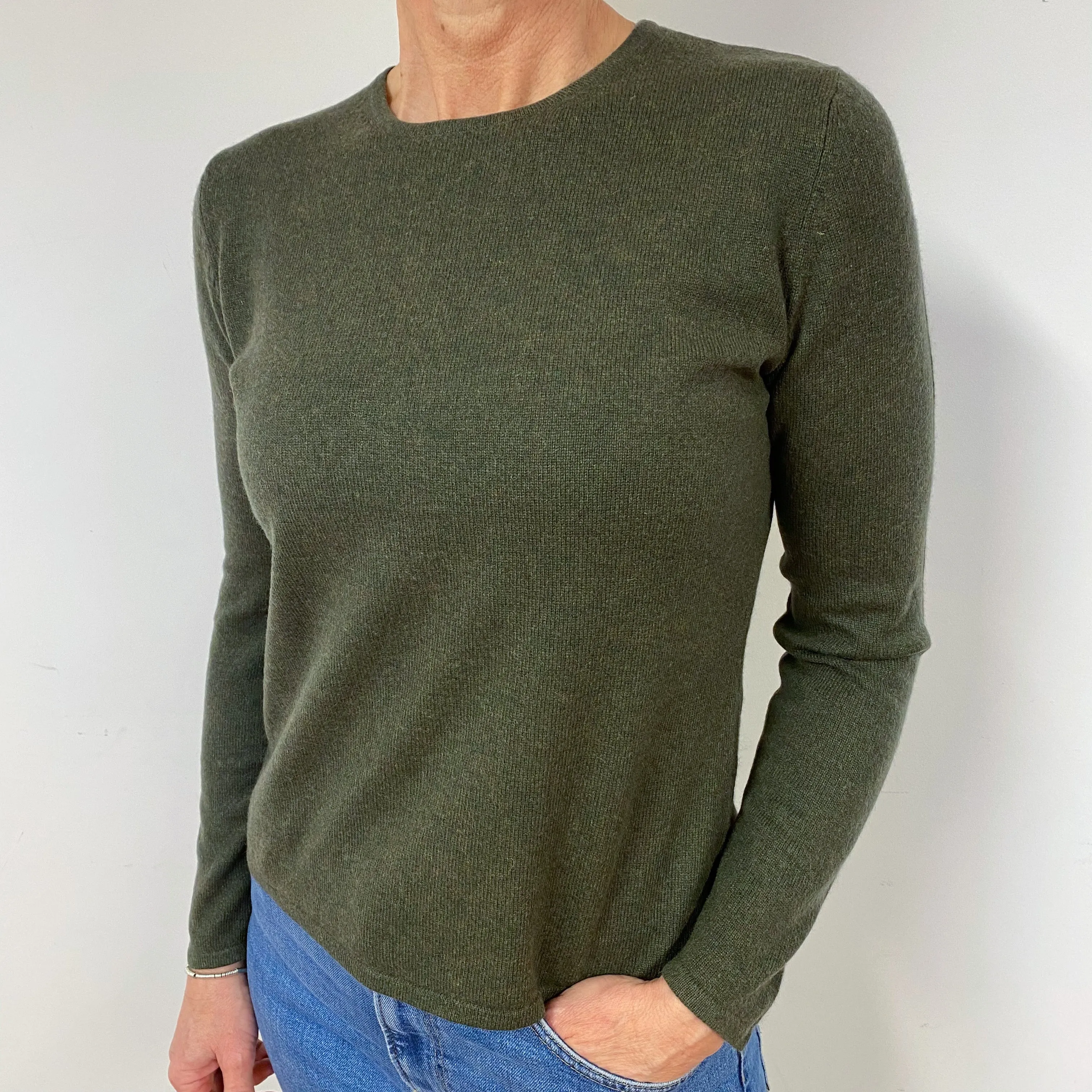 Deep Khaki Green Cashmere Crew Neck Jumper Medium