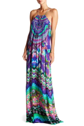 Drawstring Halter Neck Maxi Dress Blue