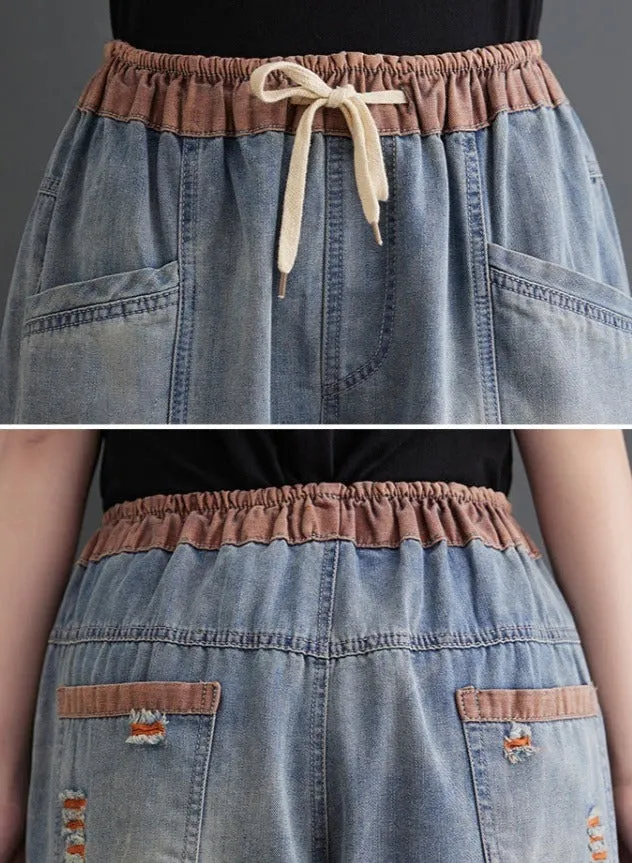 Elastic Waist Tapered Denim Pants