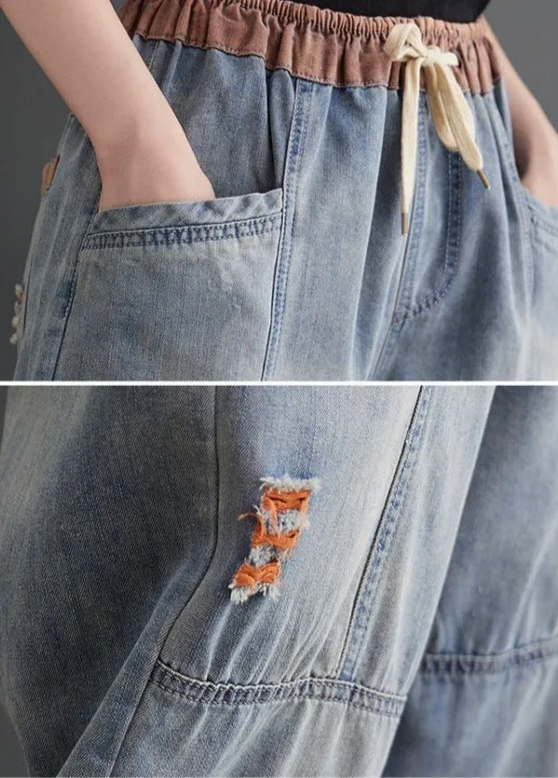 Elastic Waist Tapered Denim Pants