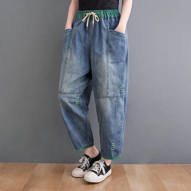 Elastic Waist Tapered Denim Pants