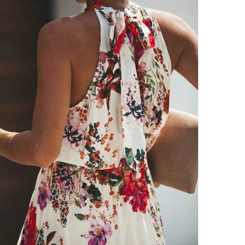 FashionSierra - Halter Style Women Summer Floral Dress Casual Boho High Waist Long Maxi Holiday Party Sleeveless Loose Dress Clothes