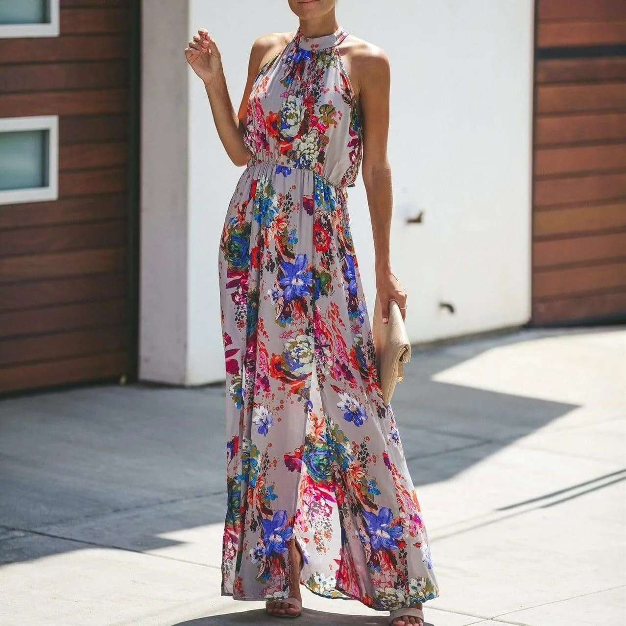 FashionSierra - Halter Style Women Summer Floral Dress Casual Boho High Waist Long Maxi Holiday Party Sleeveless Loose Dress Clothes