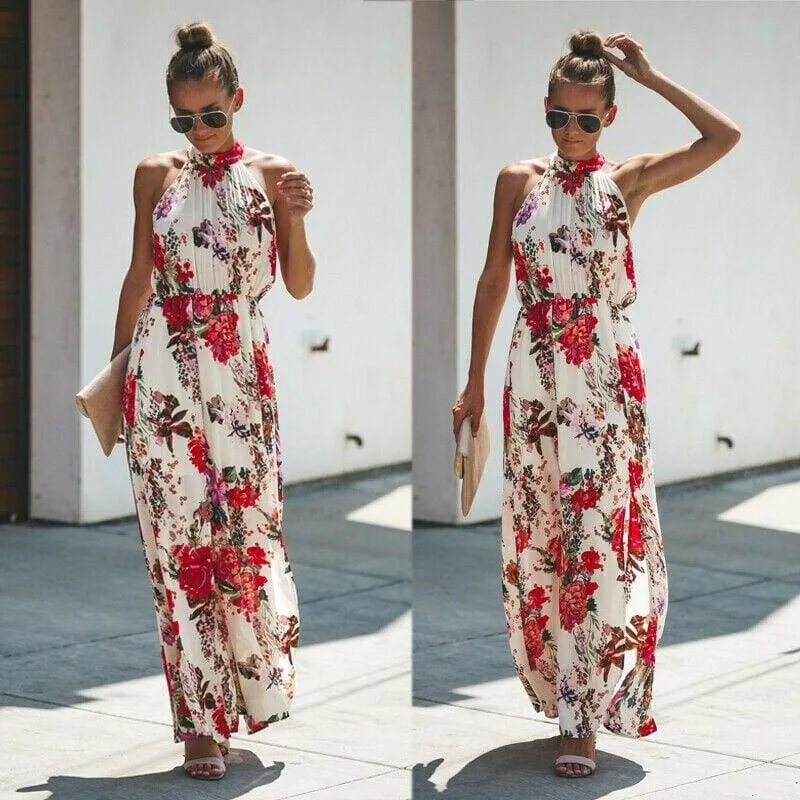 FashionSierra - Halter Style Women Summer Floral Dress Casual Boho High Waist Long Maxi Holiday Party Sleeveless Loose Dress Clothes