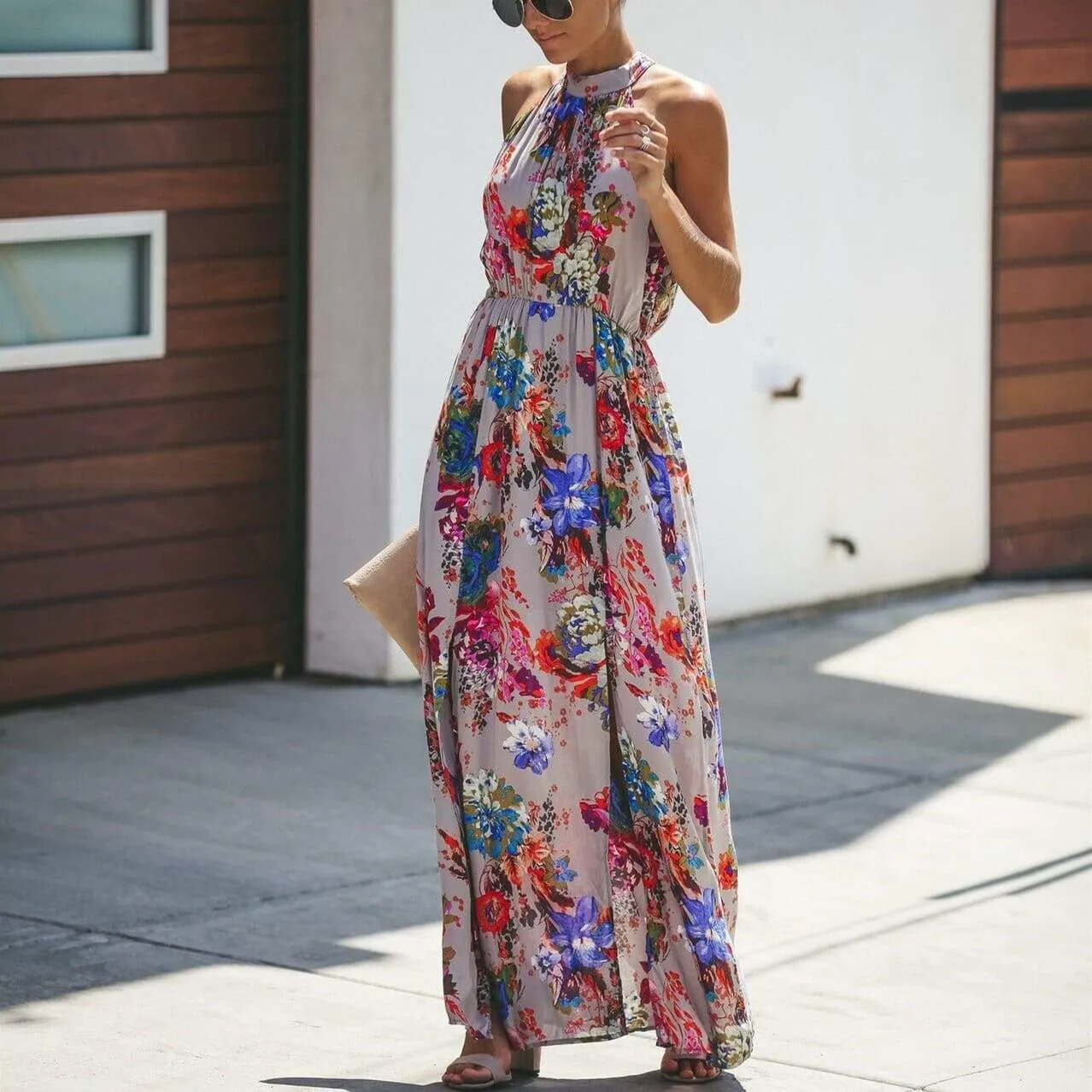 FashionSierra - Halter Style Women Summer Floral Dress Casual Boho High Waist Long Maxi Holiday Party Sleeveless Loose Dress Clothes