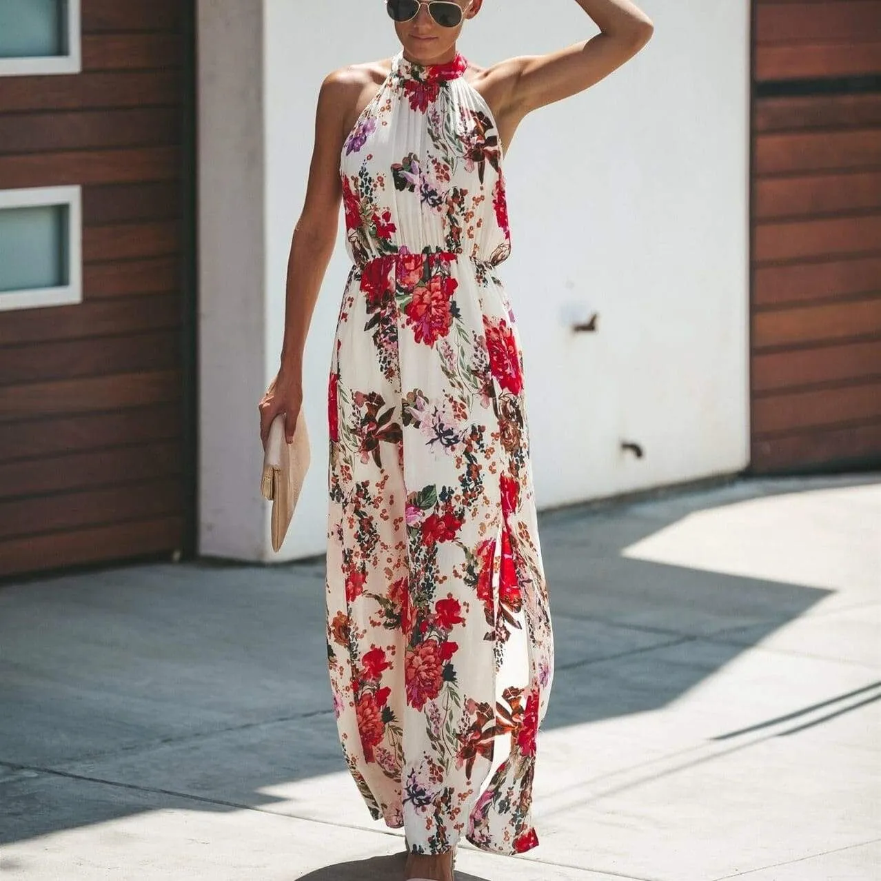 FashionSierra - Halter Style Women Summer Floral Dress Casual Boho High Waist Long Maxi Holiday Party Sleeveless Loose Dress Clothes