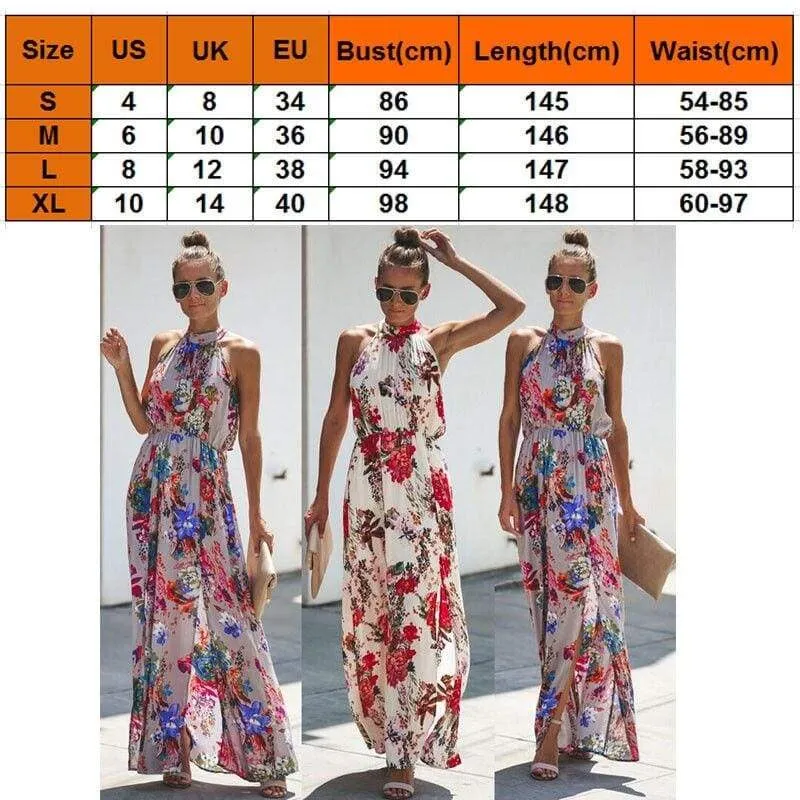 FashionSierra - Halter Style Women Summer Floral Dress Casual Boho High Waist Long Maxi Holiday Party Sleeveless Loose Dress Clothes