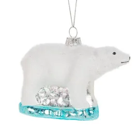 Flocked Polar Bear Glass Ornament