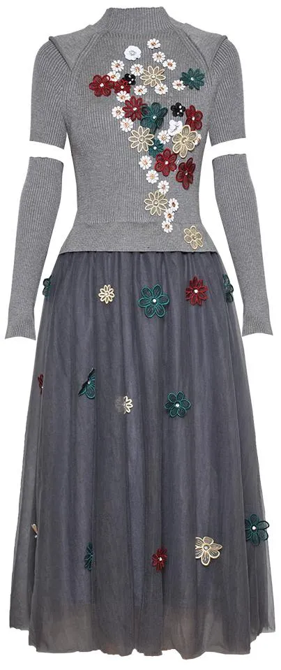 Flower-Appliques Knit and Mesh Dress with Sleeves