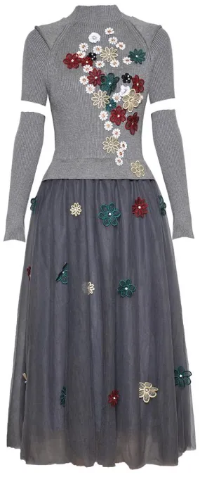 Flower-Appliques Knit and Mesh Dress with Sleeves