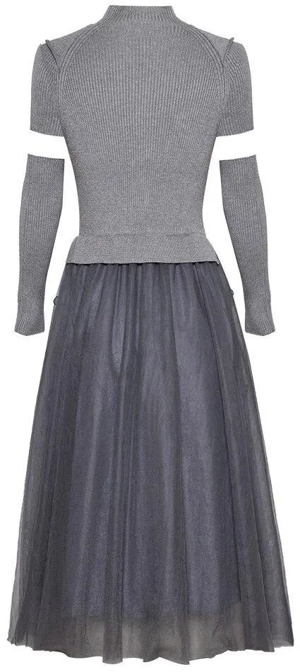 Flower-Appliques Knit and Mesh Dress with Sleeves
