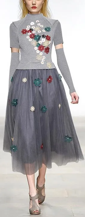 Flower-Appliques Knit and Mesh Dress with Sleeves