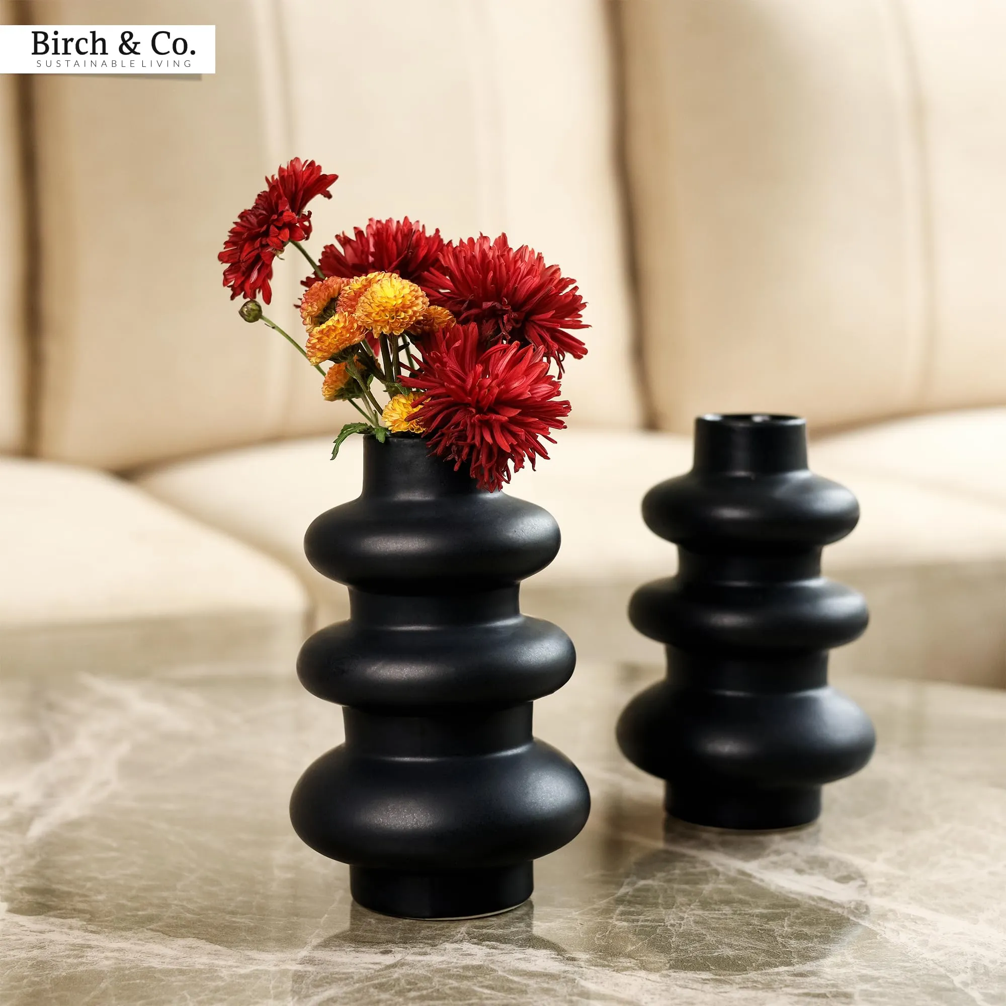 Flower Vase - Vase - Vases for Home Décor - Flower Vases Home Decor - Flower Vase Big Size - Ceramic Vase - Vase for Living Room, Waterproof Earthy Matte Finish, Wave Shape, 6 Inches, Black