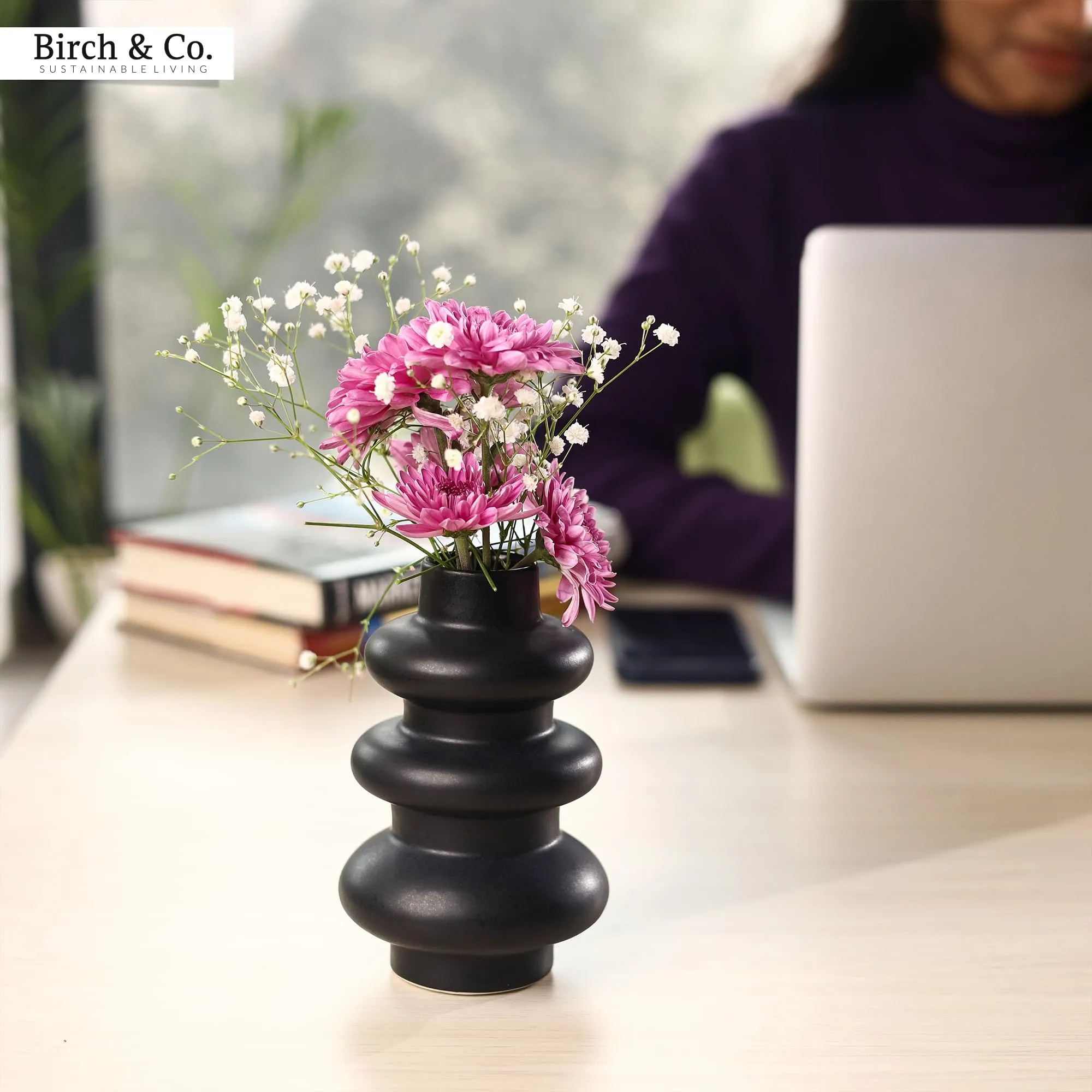 Flower Vase - Vase - Vases for Home Décor - Flower Vases Home Decor - Flower Vase Big Size - Ceramic Vase - Vase for Living Room, Waterproof Earthy Matte Finish, Wave Shape, 6 Inches, Black