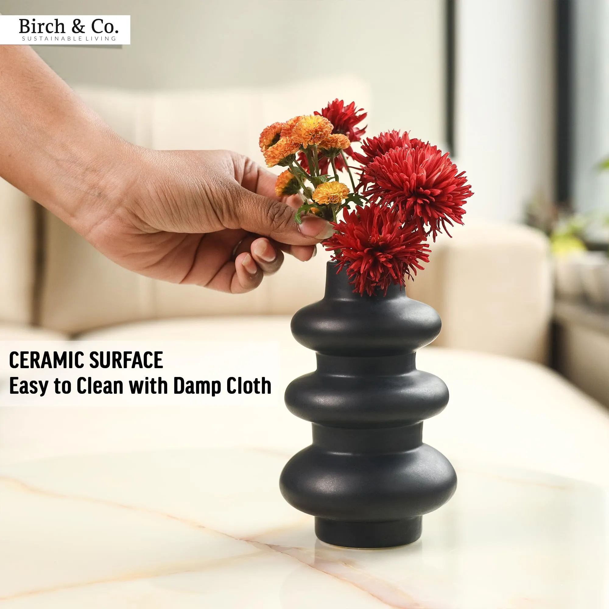 Flower Vase - Vase - Vases for Home Décor - Flower Vases Home Decor - Flower Vase Big Size - Ceramic Vase - Vase for Living Room, Waterproof Earthy Matte Finish, Wave Shape, 6 Inches, Black