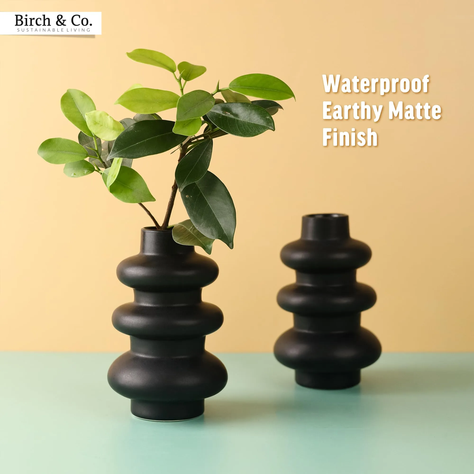 Flower Vase - Vase - Vases for Home Décor - Flower Vases Home Decor - Flower Vase Big Size - Ceramic Vase - Vase for Living Room, Waterproof Earthy Matte Finish, Wave Shape, 6 Inches, Black