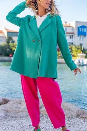 GNS Woman Green Textured Woolen Jacket Collar Lined A-Line Double Buttoned Coat Bst3474 - Piraeus