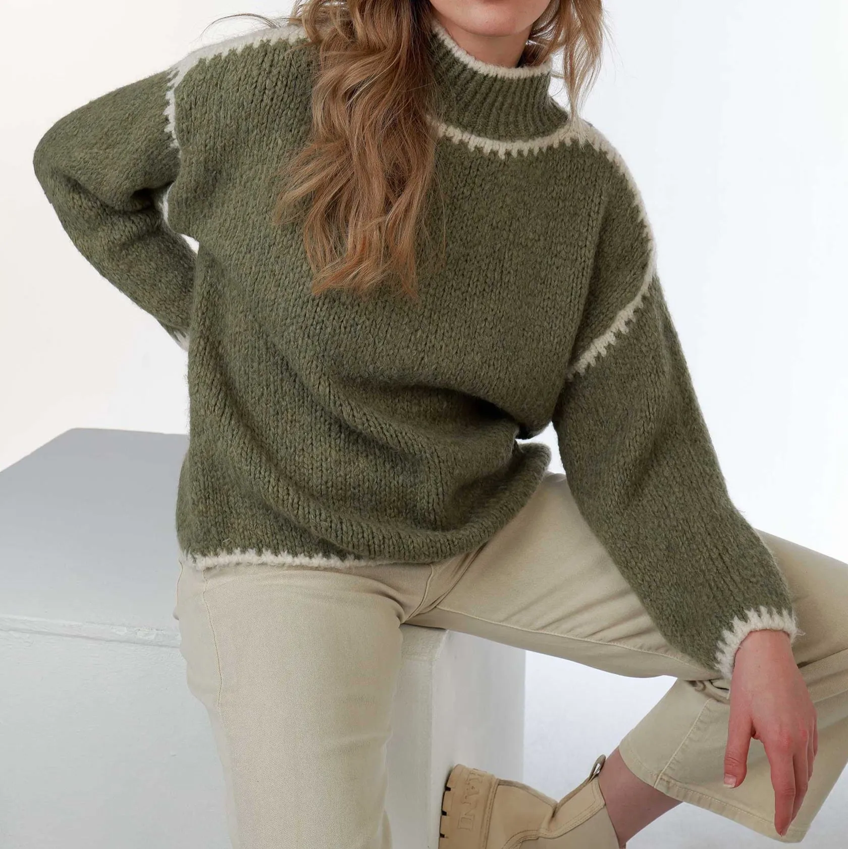 Helena Wool Stitch Jumper in Khaki