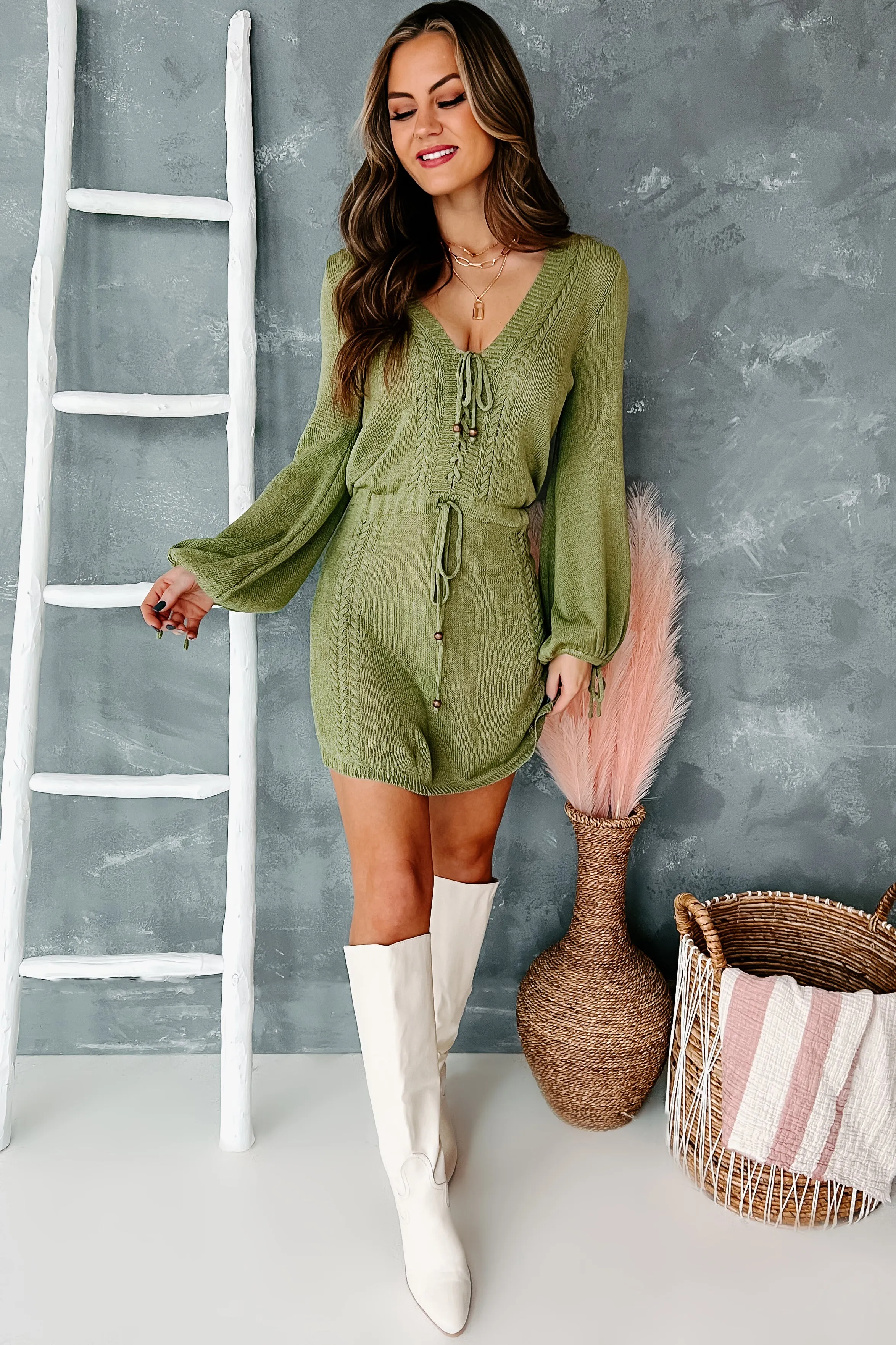 Hidden Feelings Knit Drawstring Waist Dress (Olive)