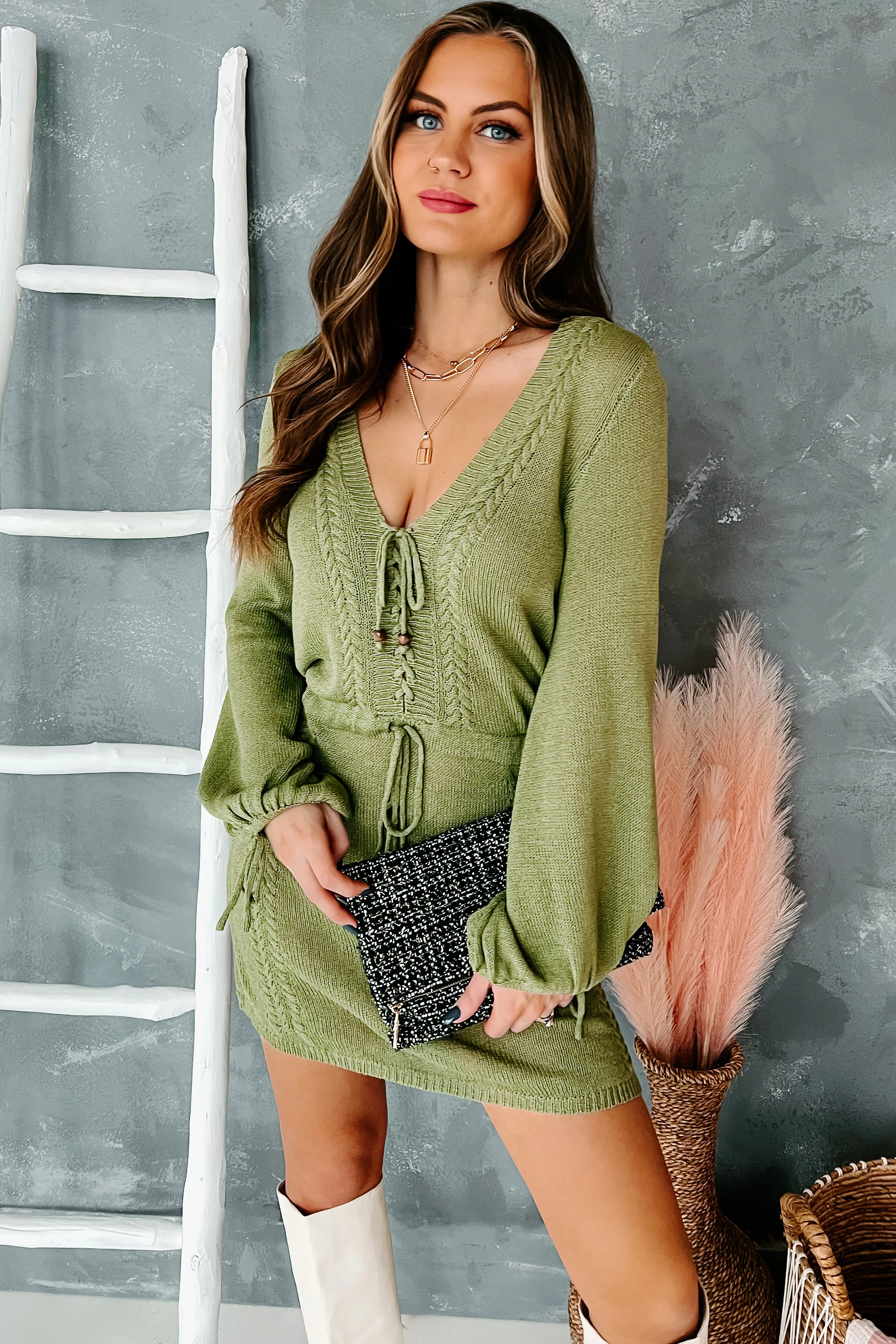 Hidden Feelings Knit Drawstring Waist Dress (Olive)