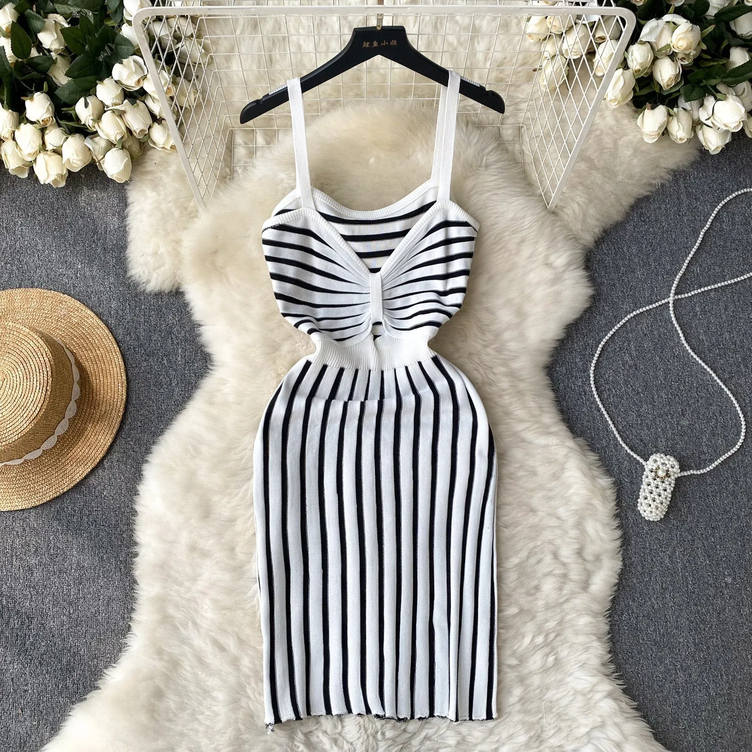 Hollowed Twisted Striped Knitted Slip Dress