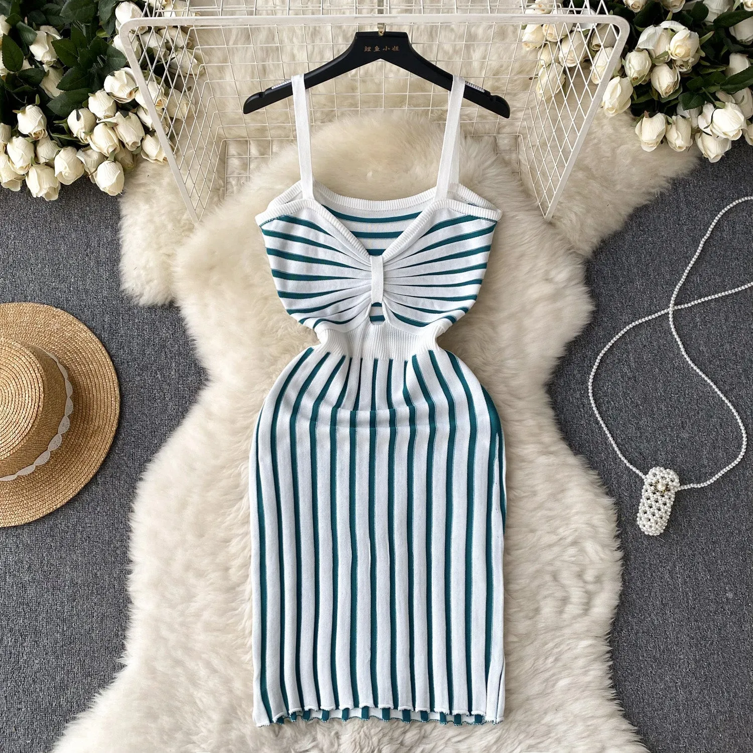 Hollowed Twisted Striped Knitted Slip Dress