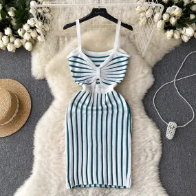 Hollowed Twisted Striped Knitted Slip Dress