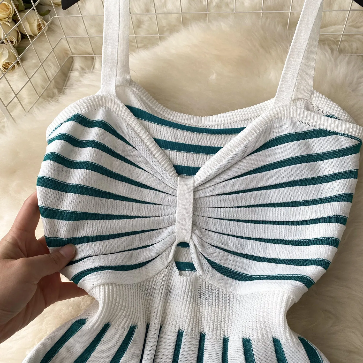Hollowed Twisted Striped Knitted Slip Dress