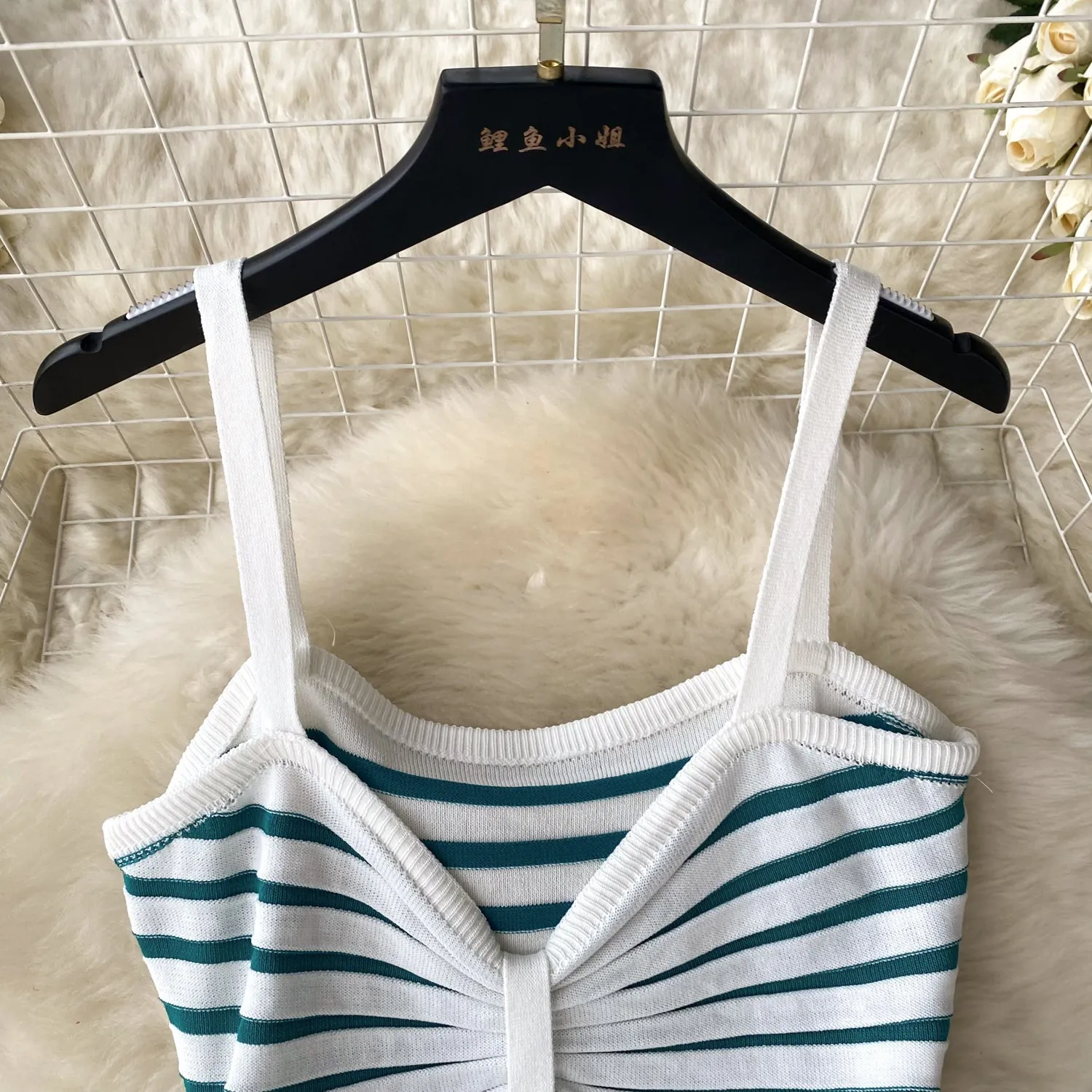 Hollowed Twisted Striped Knitted Slip Dress