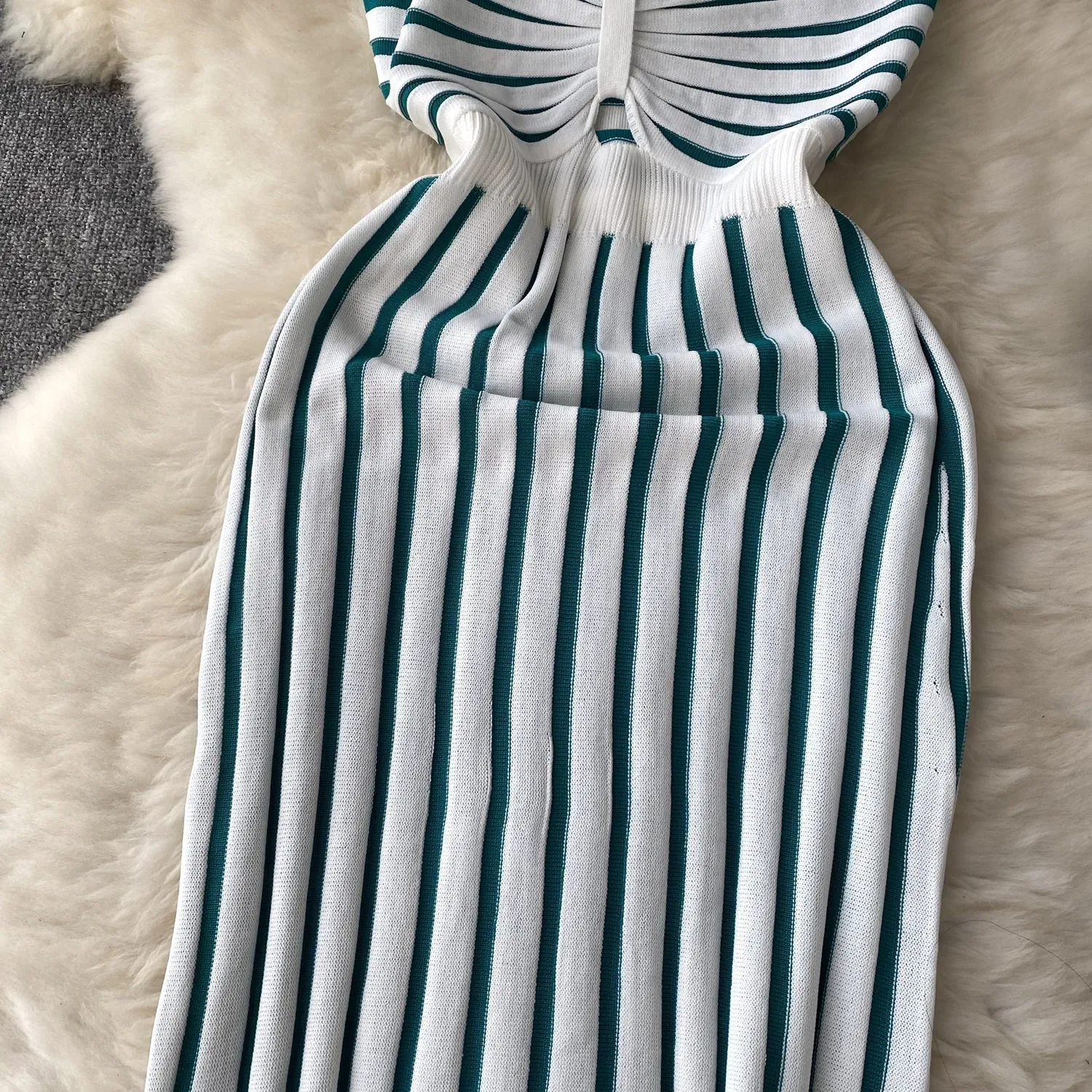Hollowed Twisted Striped Knitted Slip Dress
