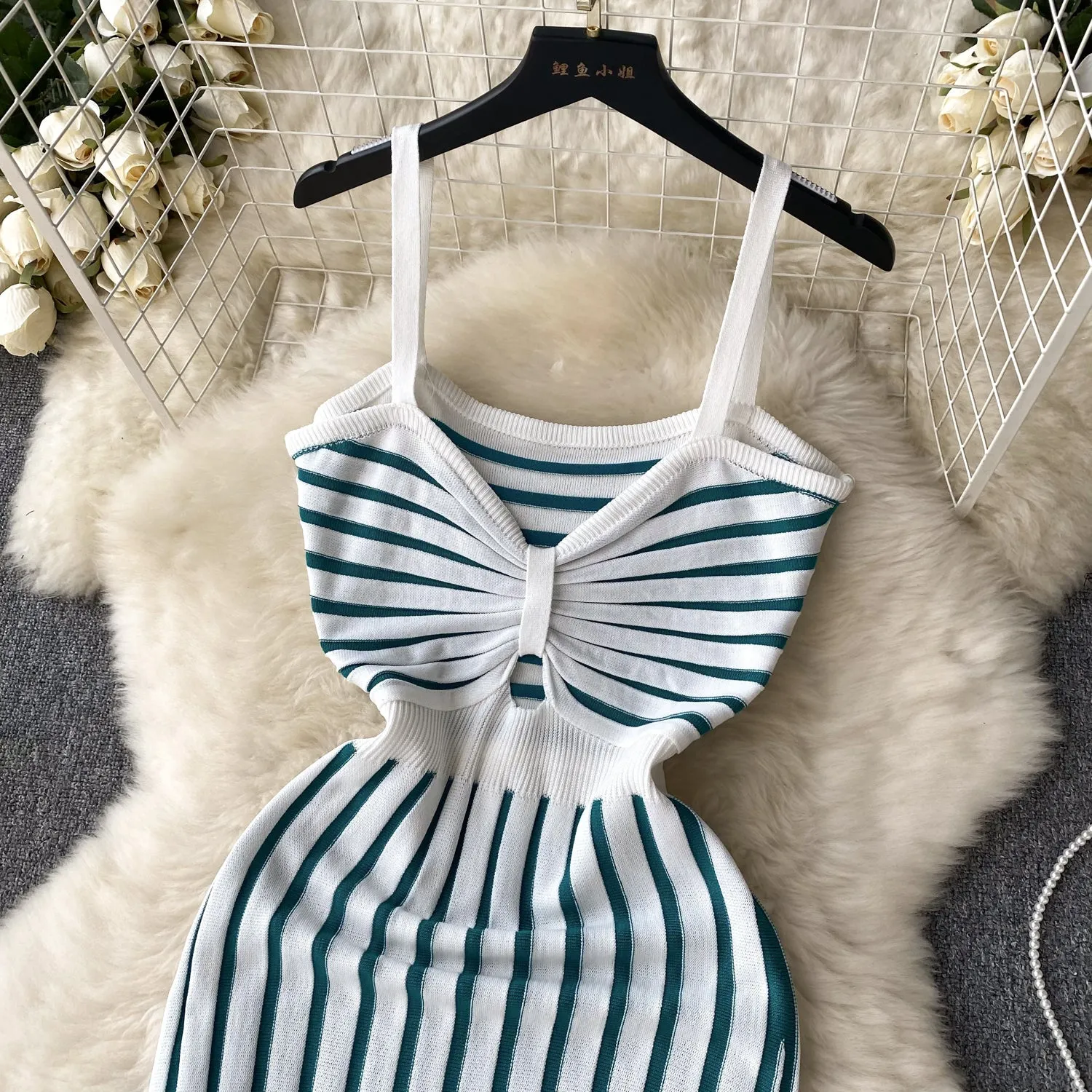 Hollowed Twisted Striped Knitted Slip Dress