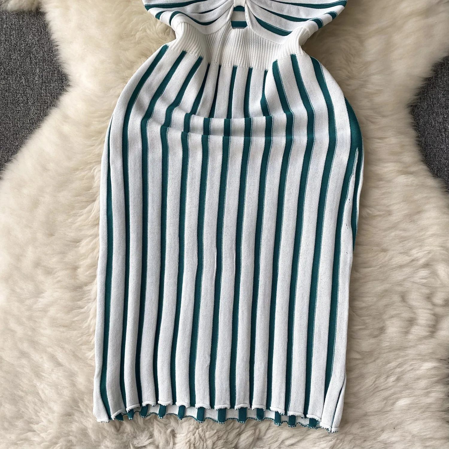 Hollowed Twisted Striped Knitted Slip Dress