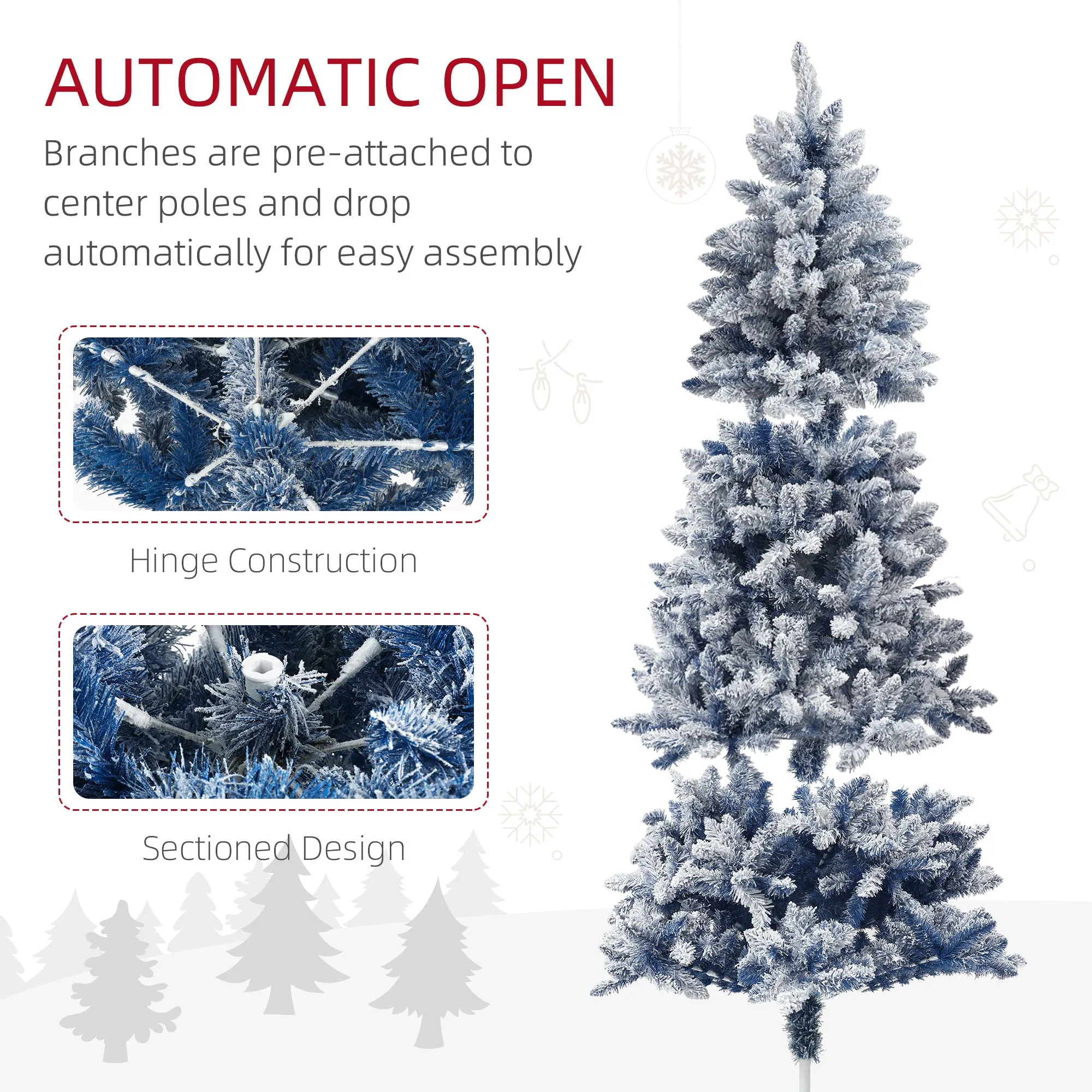 HOMCOM 6 Foot Artificial Blue Snow Flocked Christmas Tree with Hinged Branches