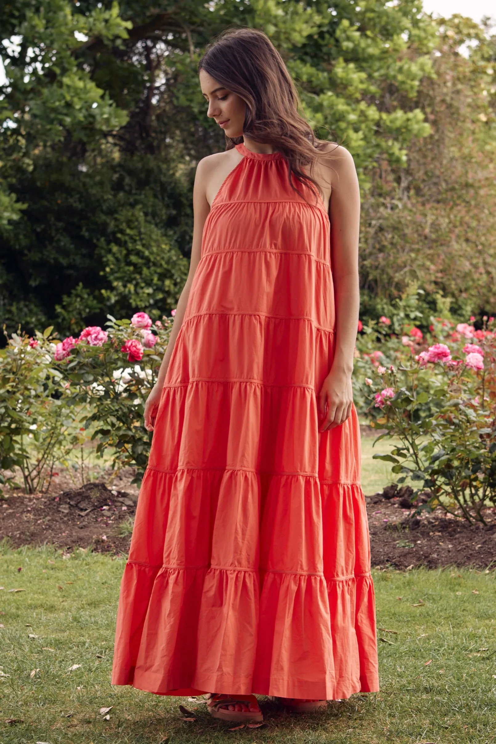 Kaye Watermelon Sleeveless High Neck Tiered Maxi Dress