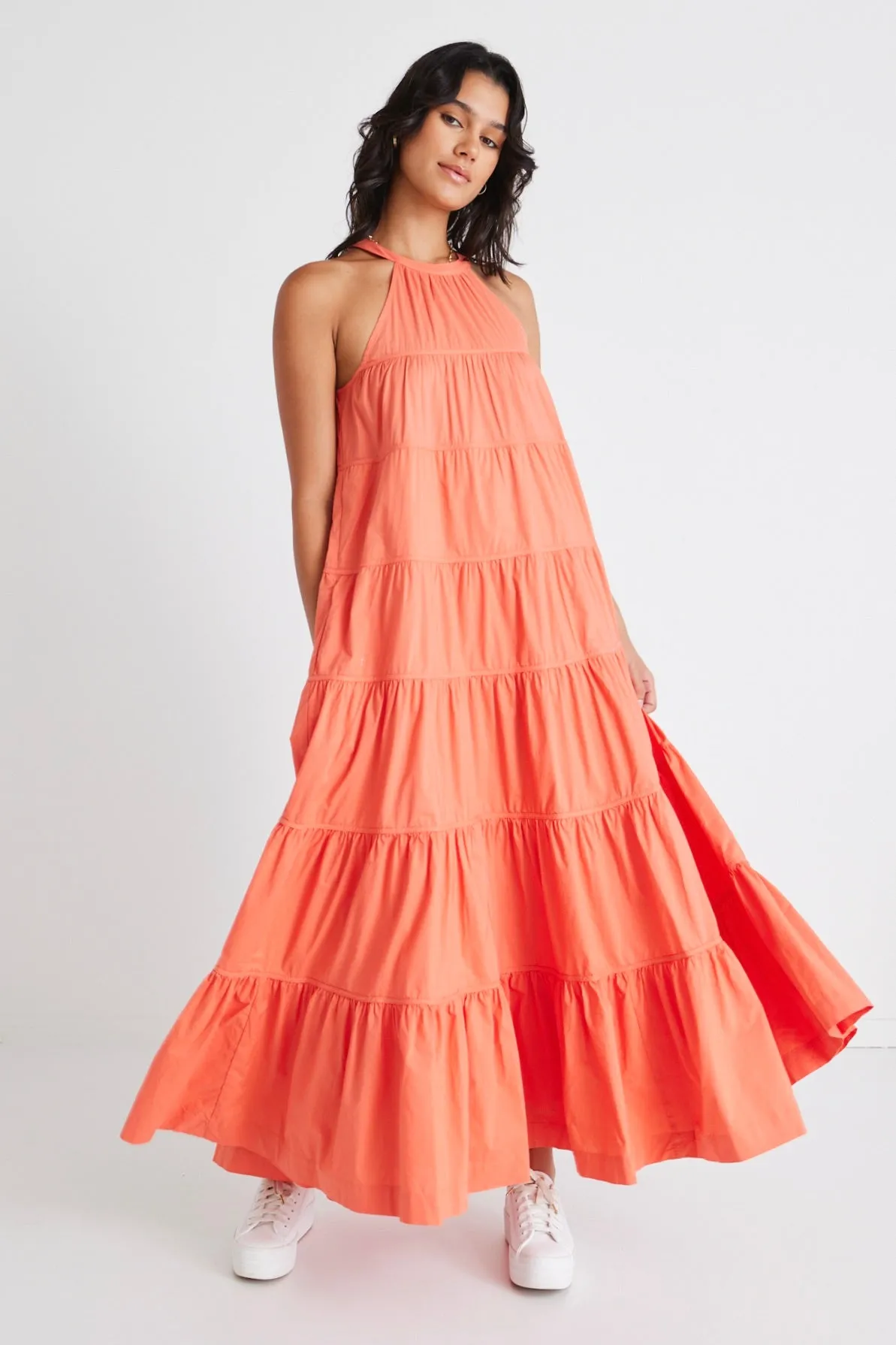 Kaye Watermelon Sleeveless High Neck Tiered Maxi Dress