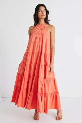 Kaye Watermelon Sleeveless High Neck Tiered Maxi Dress