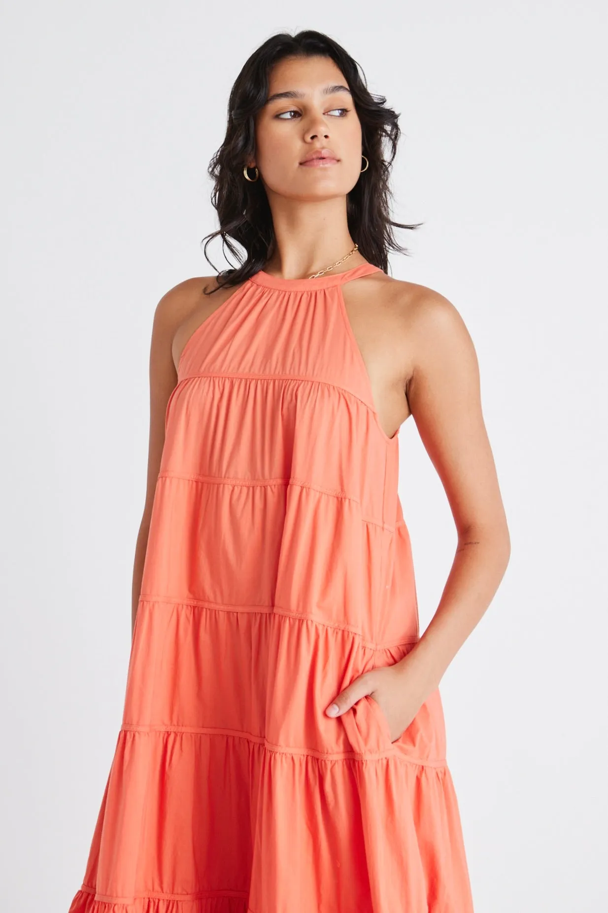 Kaye Watermelon Sleeveless High Neck Tiered Maxi Dress