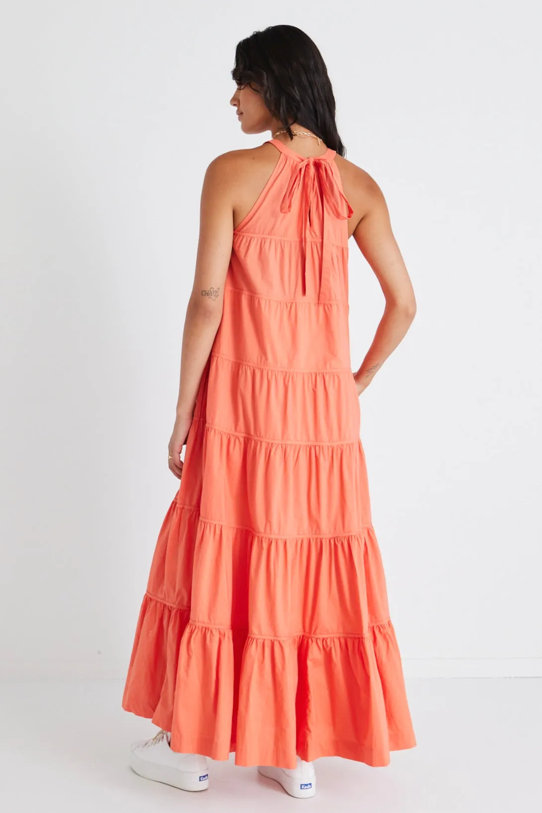 Kaye Watermelon Sleeveless High Neck Tiered Maxi Dress