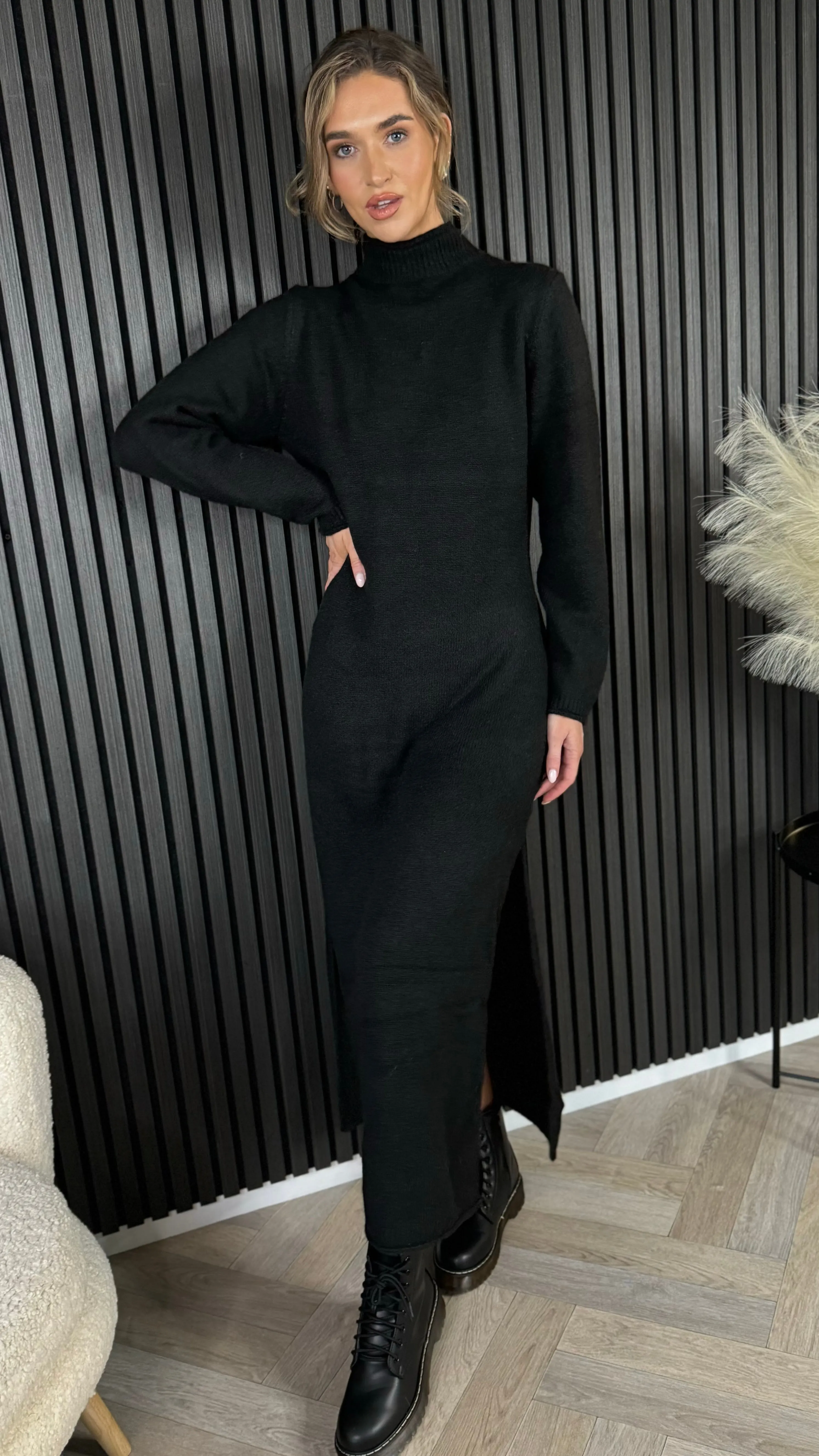 Kelly Black Turtle Neck Knit Jumper Midi Dress