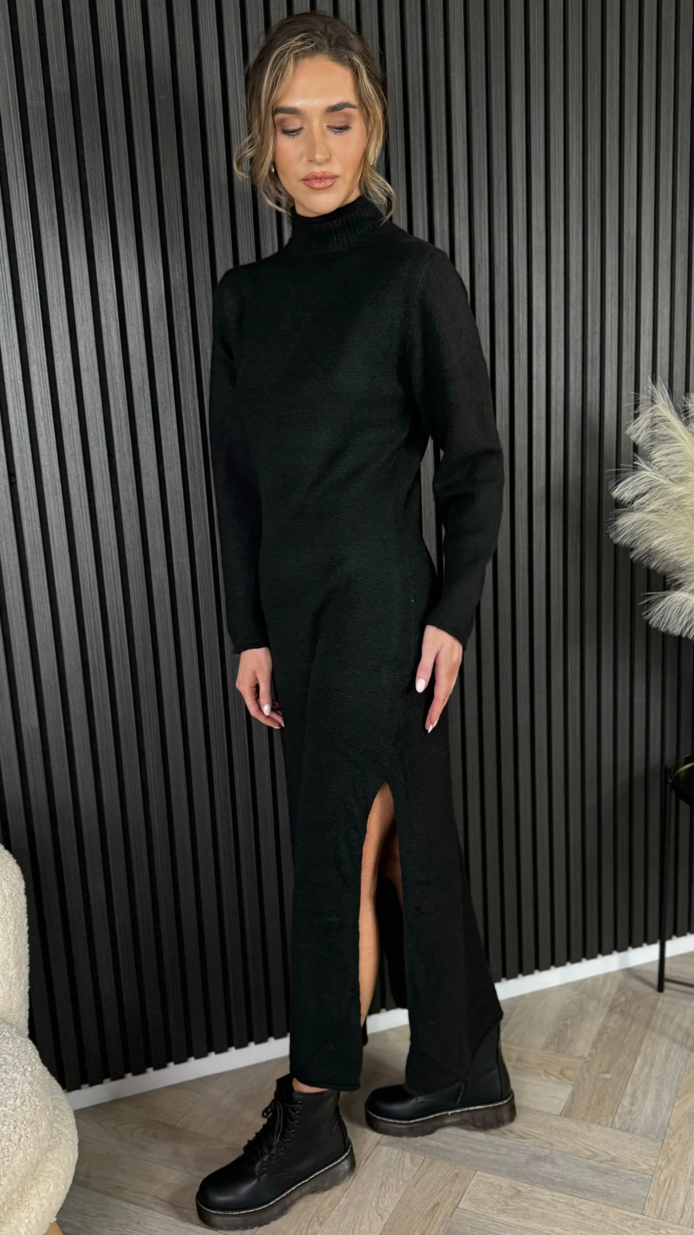 Kelly Black Turtle Neck Knit Jumper Midi Dress