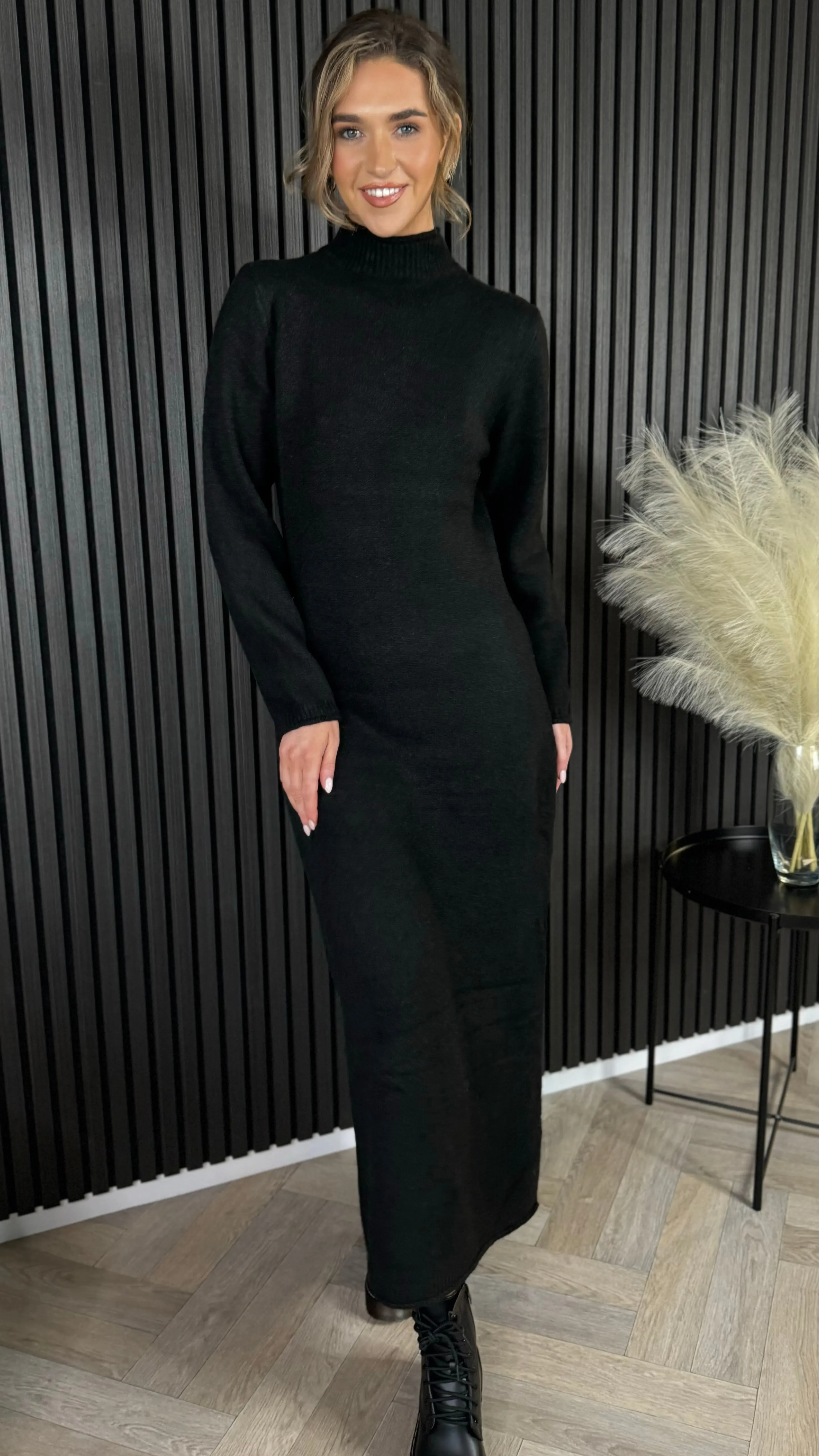 Kelly Black Turtle Neck Knit Jumper Midi Dress